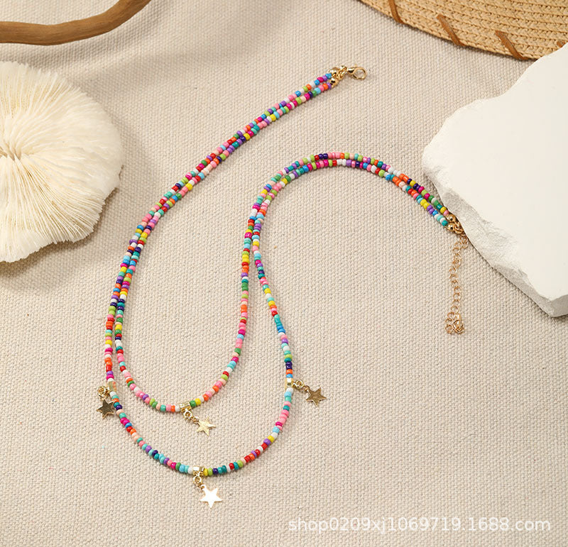 Wholesale Rice Bead Multilayer Pentagram Pendant Necklaces